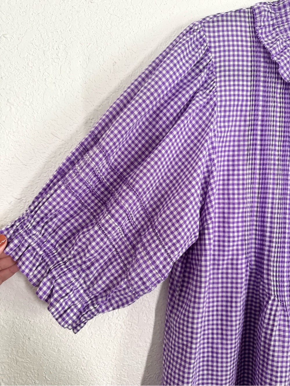 Birds of Paradis by Trovata Jess Puff Sleeve Blouse in Lilac Gingham Plaid Large - Picture 4 of 7